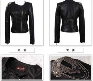 Korean Metal Chain Shoulder Board Embellished Zipper Coats Black
