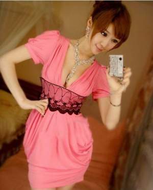 Lace Slim Fashion Short Sleeve Dress Watermelon Red