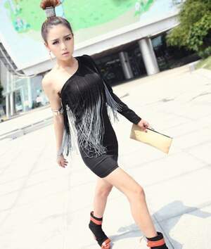 Individual Single Shoulder Tassels Design Slim Dress Black