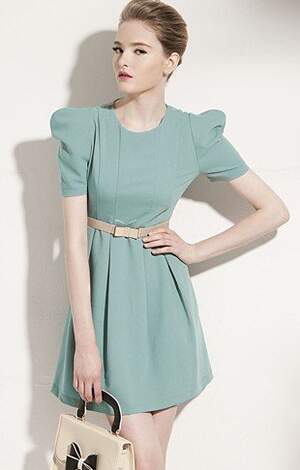 Puff Sleeve Slim Dress Blue