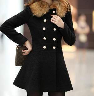 Fur Collar Design Double-breasted Slender Coat