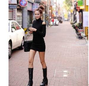 Shoulder High Neck Slim Dress